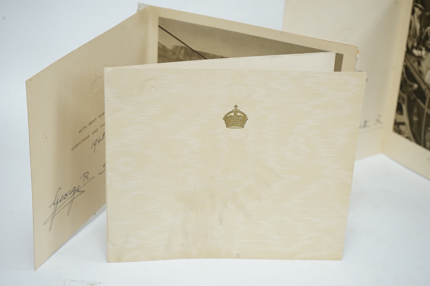 Three Royal Christmas cards from HM King George VI and Queen Elizabeth for 1948, 1949 and 1950, published by Raphael Tuck and Sons Ltd. with gilt embossed crowns on the front, inside; ‘with best wishes for Christmas and